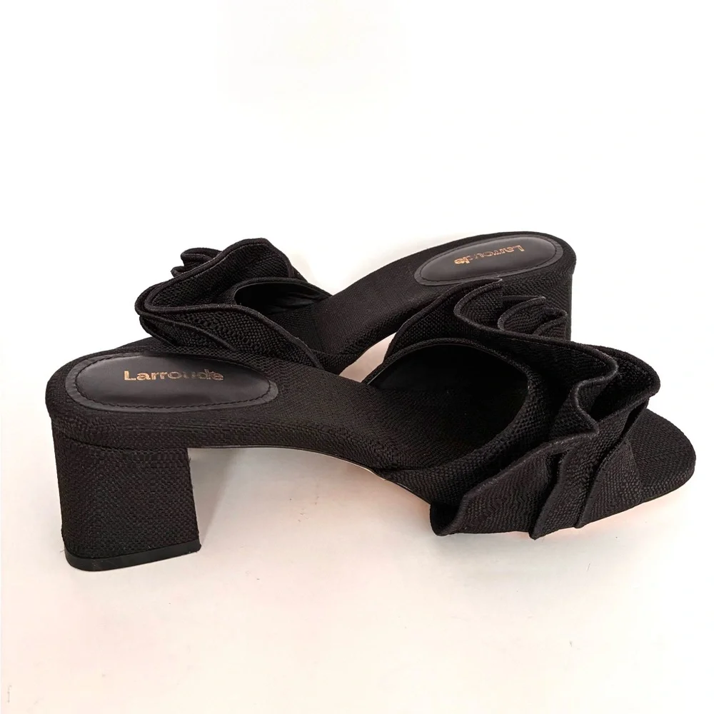 Larroude Brigitte Ruffle Raffia Block Heel Sandals (9.5) - Picture 6 of 13